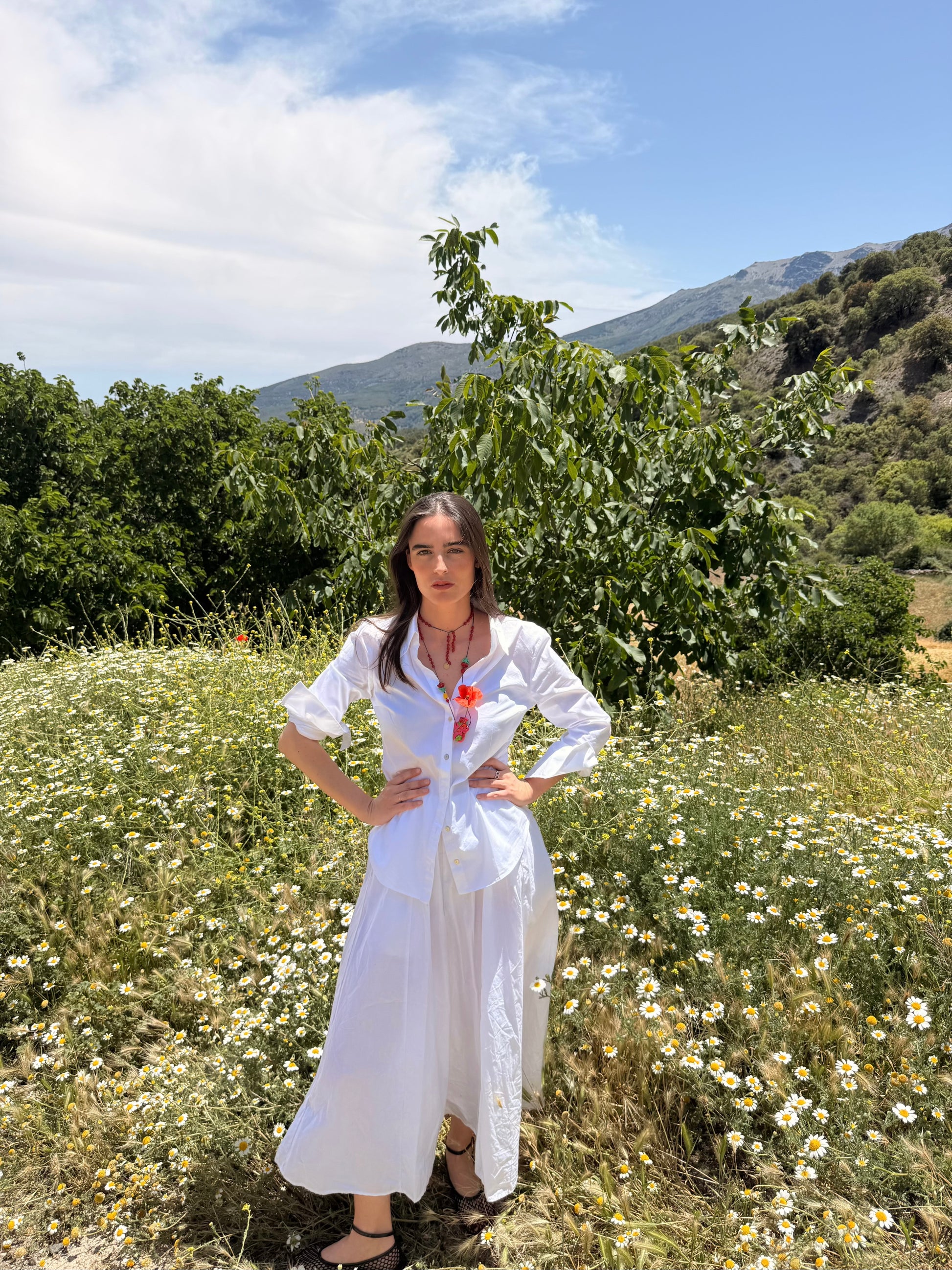 Collar Florero artesanal de porcelana con amapola, puesto en exterior con montañas – esdeinés