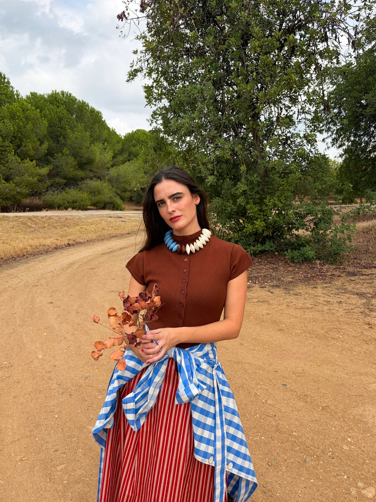 Collar de semillas de pashaca inspirado en el cuello gola, puesto con top marrón | esdeinés