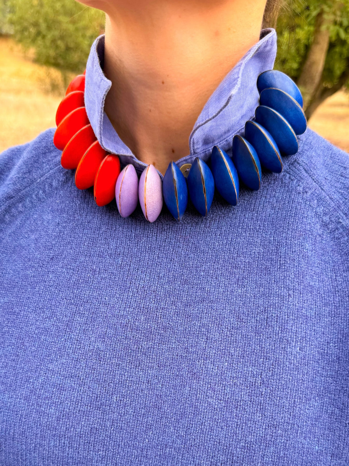 Detalle de las semillas de pashaca pintadas del Collar Gola Naranja | esdeinés