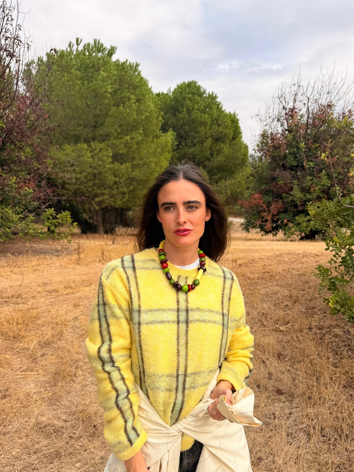 Collar Seta de porcelana pintada a mano, puesto con jersey amarillo de cuadros | esdeinés